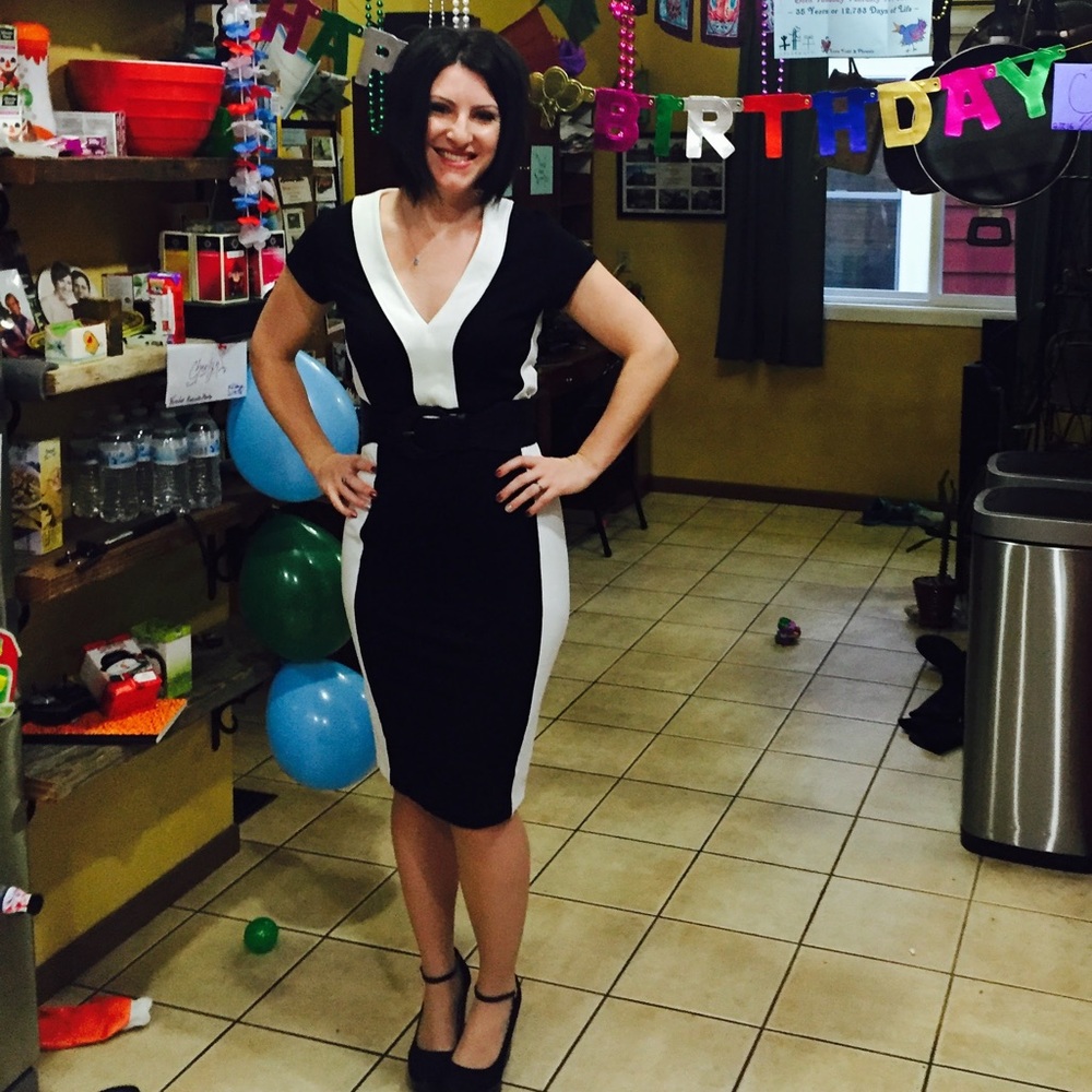 Black and white body con dress.